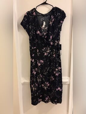 Express Black Wrap Midi Dress with Lilac Floral